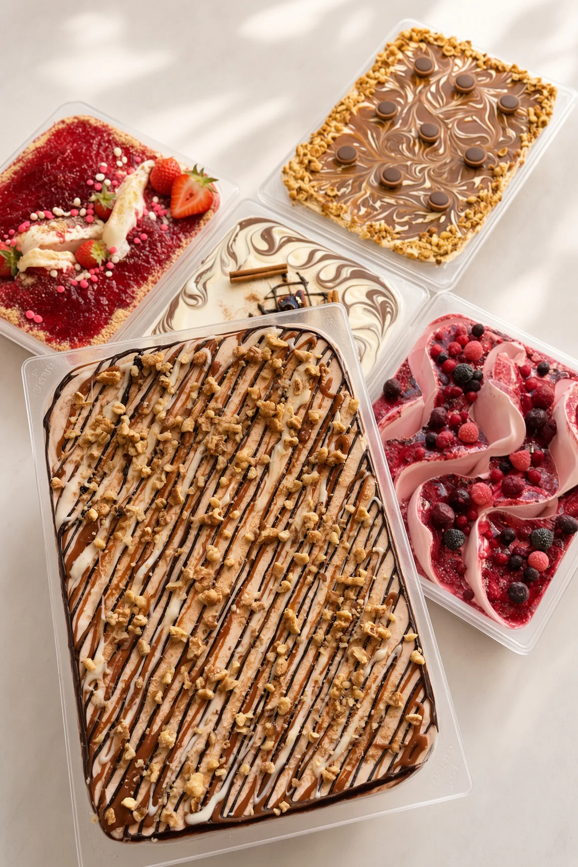 Výber zdobených gelato vaničiek s ovocím, orechmi a čokoládou.