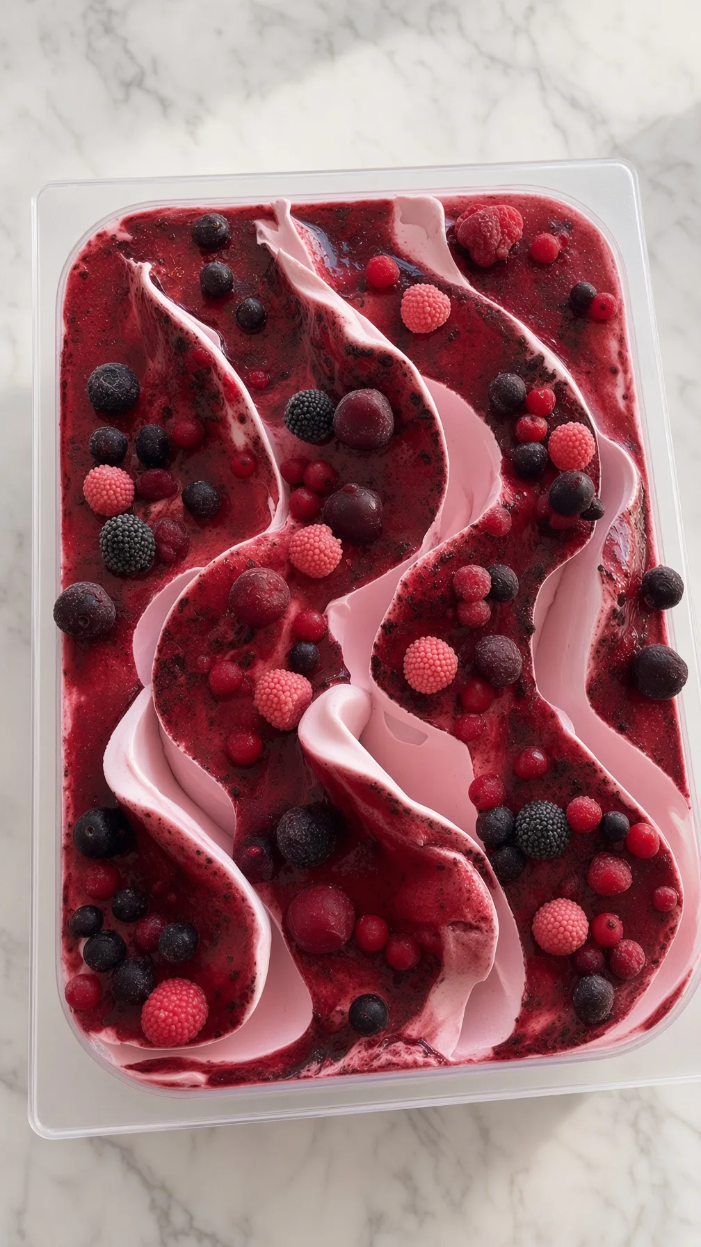 Ružové gelato s lesným ovocím a výrazným ovocným prelivom.