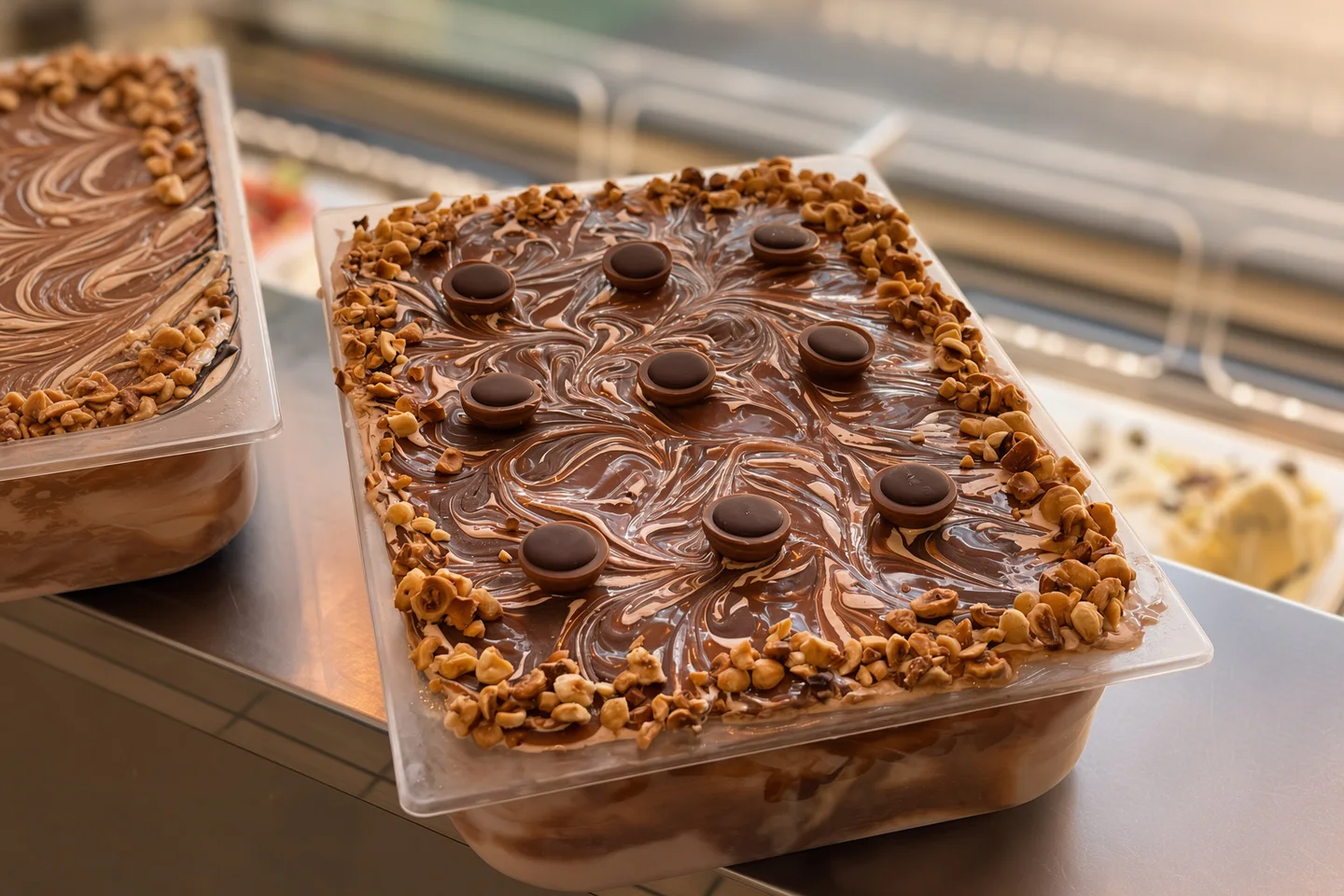Čokoládové gelato s mramorovaním, lieskovcami a čokoládovými kúskami.